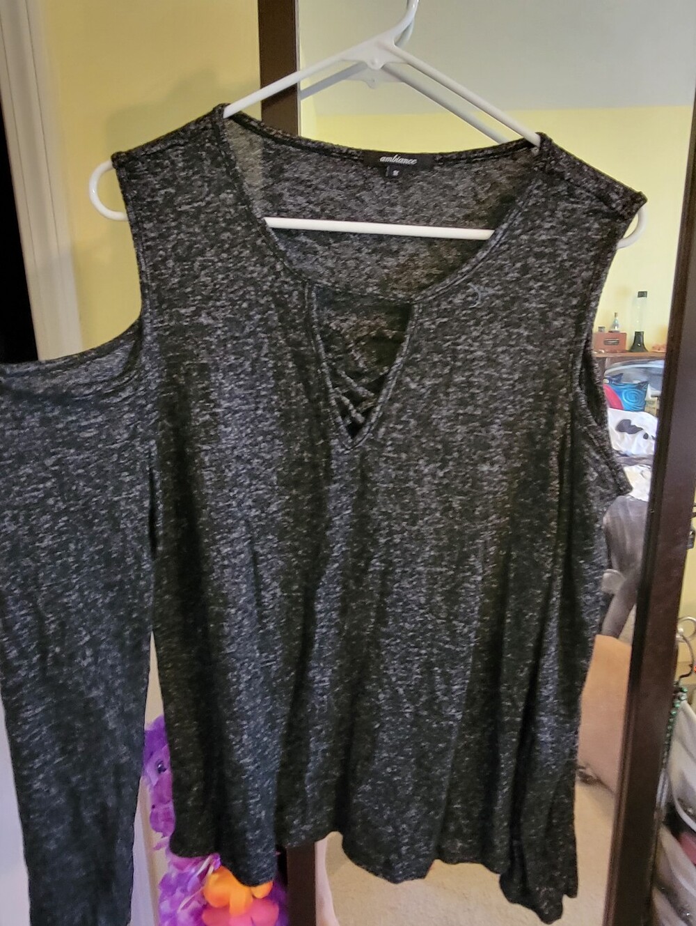 Ambiance Heather Black Cold-Shoulder Lace-Up Long Sleeve Top